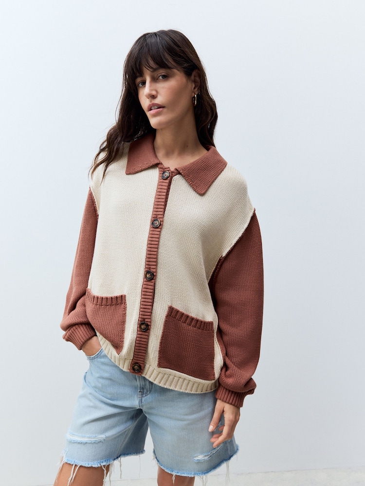 Neutral Floral Back Graphic Collared 100% Cotton Cardigan - Image 2 of 9