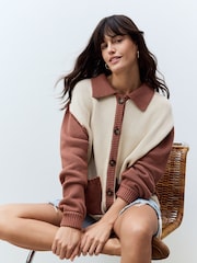 Neutral Floral Back Graphic Collared 100% Cotton Cardigan - Image 3 of 9