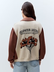Neutral Floral Back Graphic Collared 100% Cotton Cardigan - Image 4 of 9