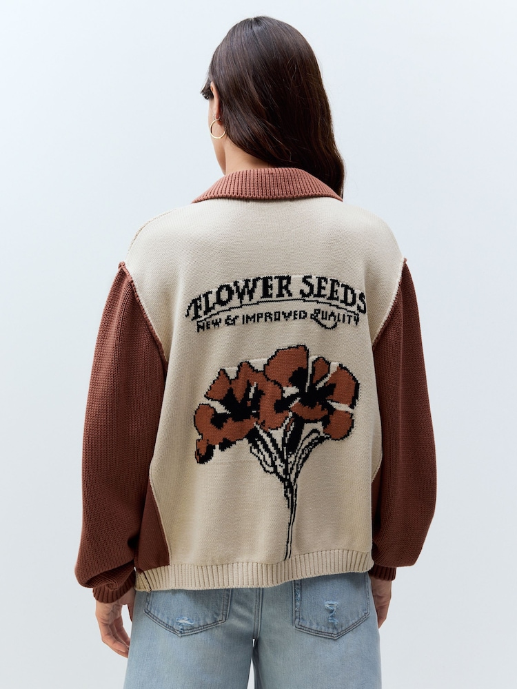 Neutral Floral Back Graphic Collared 100% Cotton Cardigan - Image 4 of 9
