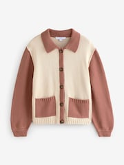 Neutral Floral Back Graphic Collared 100% Cotton Cardigan - Image 6 of 9