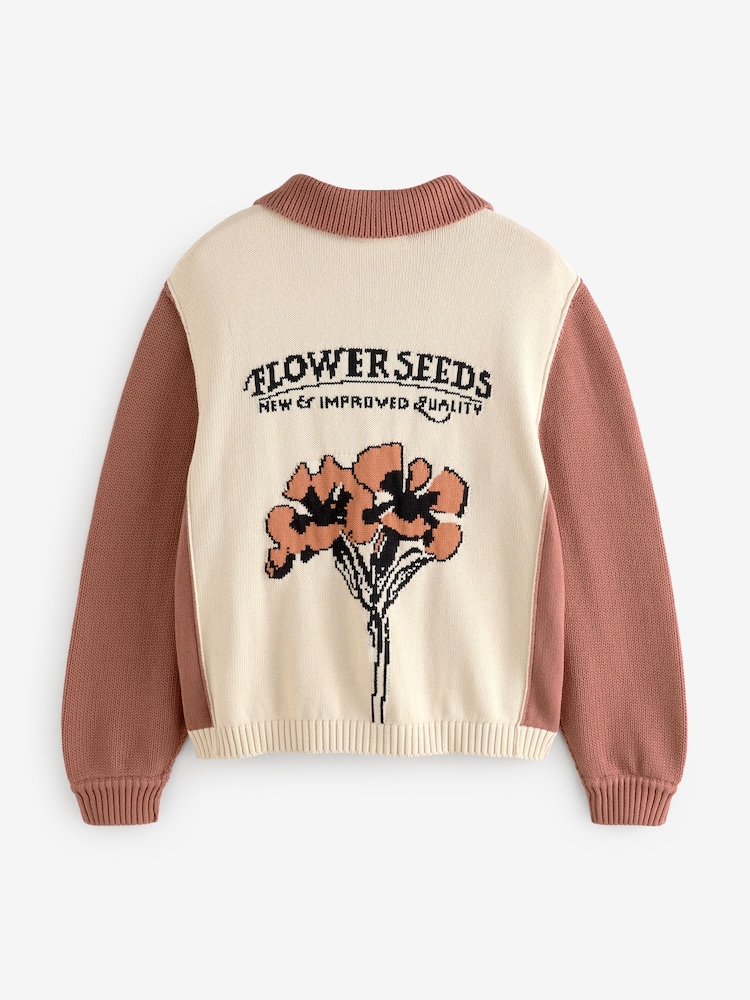 Neutral Floral Back Graphic Collared 100% Cotton Cardigan - Image 7 of 9