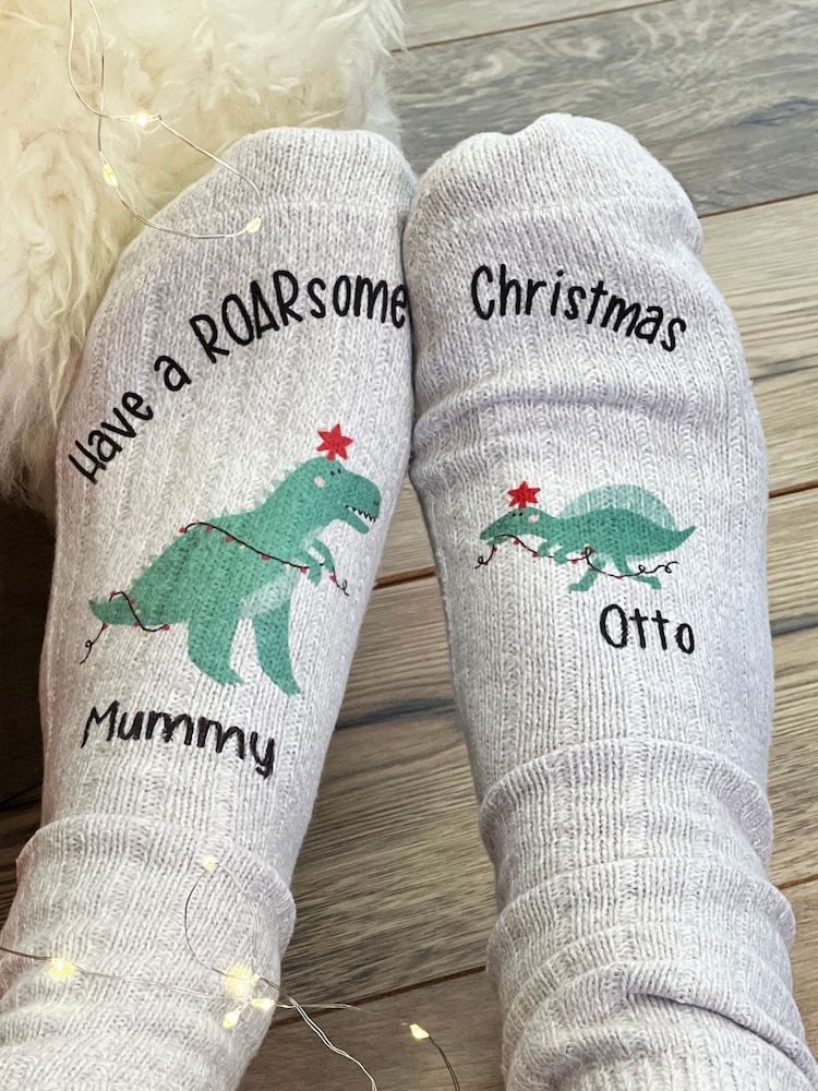 Solesmith Grey Personalised Me and You Dinosaur Print Christmas Socks - Image 1 of 6