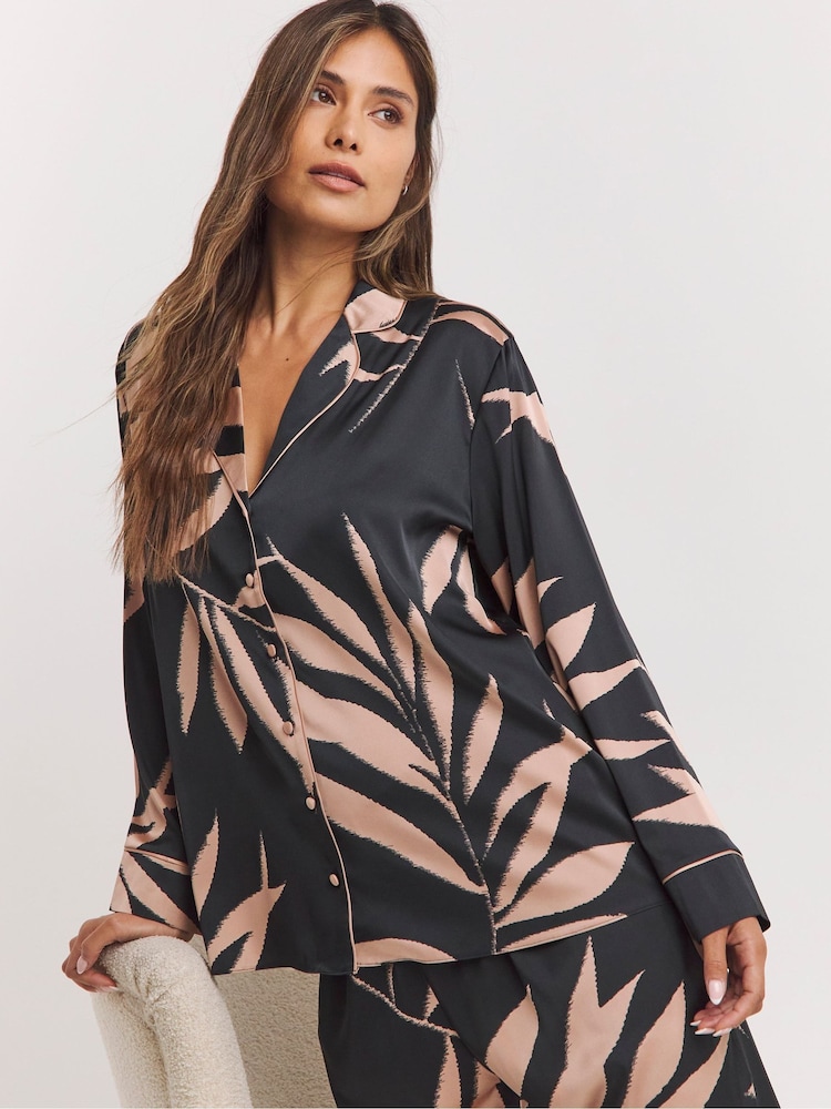 Figleaves Stretch Satin Buttom Through Black Pyjamas Set - Image 1 of 4