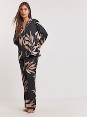 Figleaves Stretch Satin Buttom Through Black Pyjamas Set - Image 2 of 4
