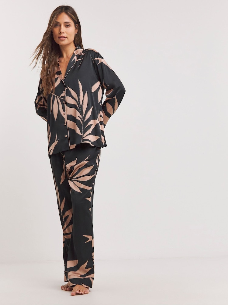 Figleaves Stretch Satin Buttom Through Black Pyjamas Set - Image 2 of 4