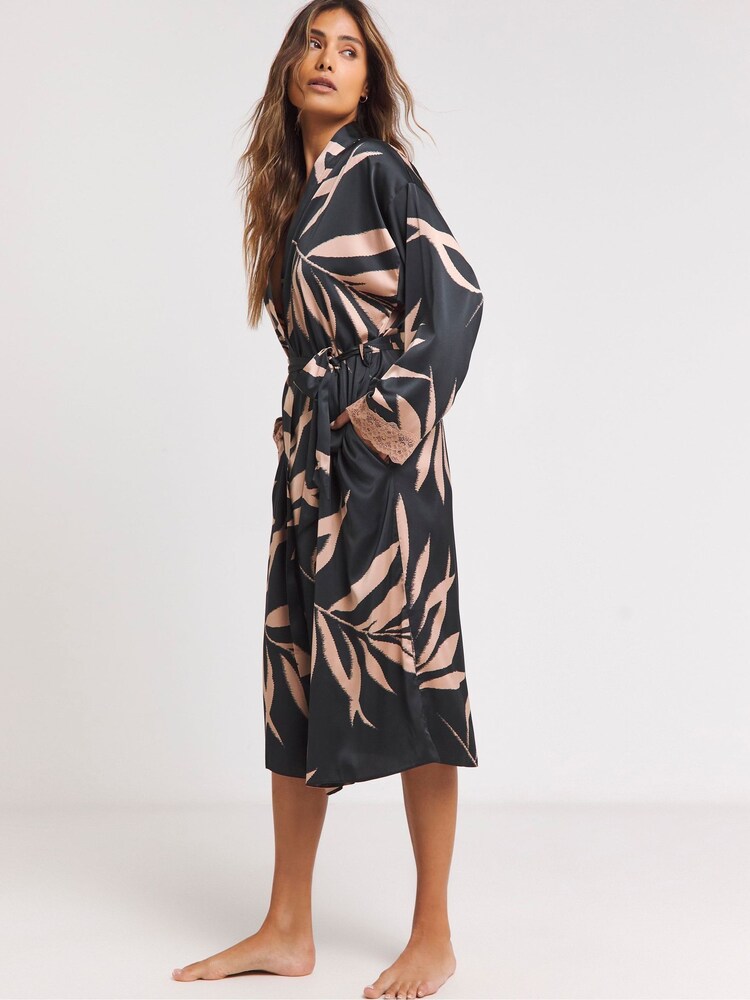 Figleaves Stretch Satin Lace Black Kimono Gown - Image 1 of 4