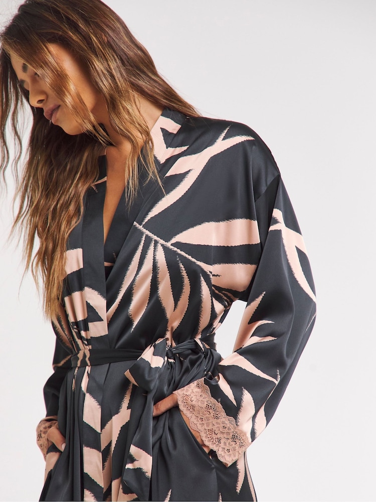 Figleaves Stretch Satin Lace Black Kimono Gown - Image 4 of 4