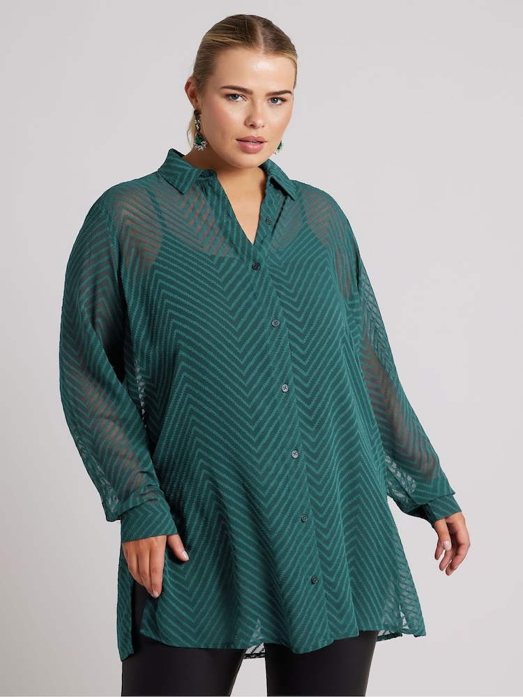 Yours Curve Green Chevron Burnout Shirt - Image 2 of 5 Yours Curve Green Chevron Burnout Shirt - Image 2 of 5