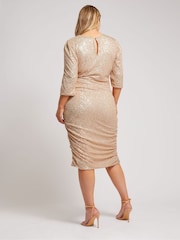 Yours Curve Gold London Sequin Gathered Long Sleeve Dress - Image 3 of 5
