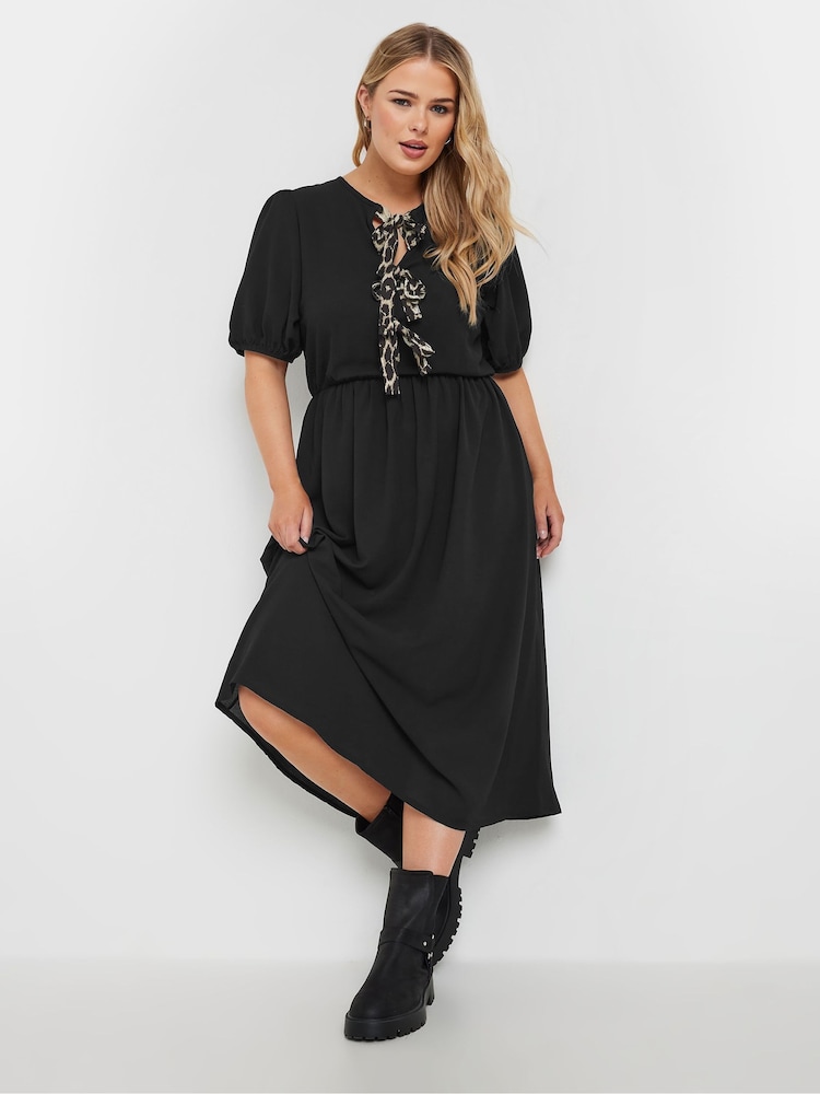Yours Curve Black Limited Woven Leopard Print Bow Dress - Image 1 of 6