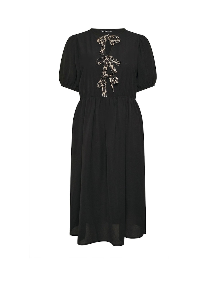 Yours Curve Black Limited Woven Leopard Print Bow Dress - Image 6 of 6