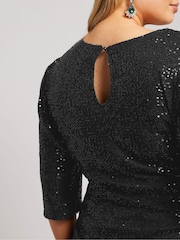 Yours Curve Black London Sequin Gathered Long Sleeve Dress - Image 2 of 5
