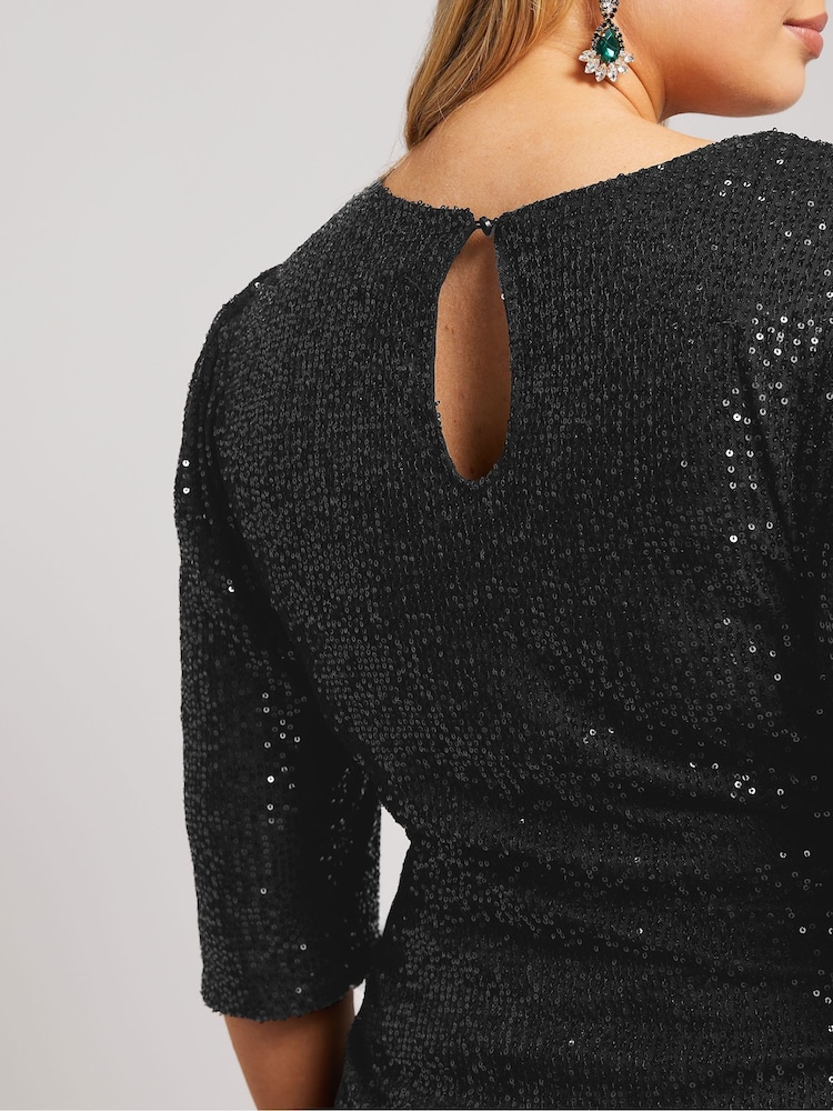 Yours Curve Black London Sequin Gathered Long Sleeve Dress - Image 2 of 5