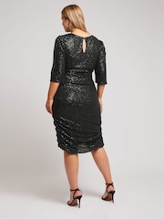 Yours Curve Black London Sequin Gathered Long Sleeve Dress - Image 3 of 5