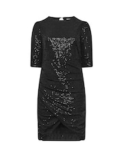 Yours Curve Black London Sequin Gathered Long Sleeve Dress - Image 5 of 5