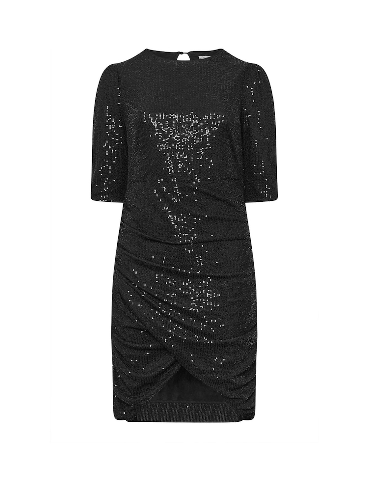 Yours Curve Black London Sequin Gathered Long Sleeve Dress - Image 5 of 5