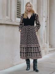 Albaray Black 100% Cotton Woodblock Midi Dress - Image 1 of 5