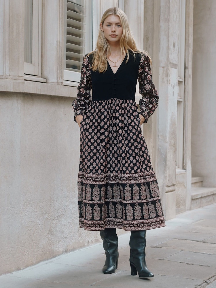 Albaray Black 100% Cotton Woodblock Midi Dress - Image 1 of 5