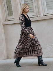 Albaray Black 100% Cotton Woodblock Midi Dress - Image 4 of 5