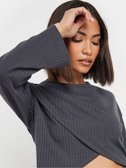 PixieGirl Petite Grey Ribbed Cross Over Top - Image 4 of 4