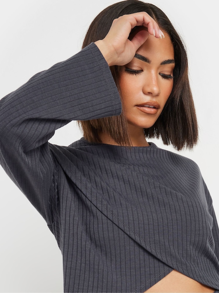 PixieGirl Petite Grey Ribbed Cross Over Top - Image 4 of 4 PixieGirl Petite Grey Ribbed Cross Over Top - Image 4 of 4