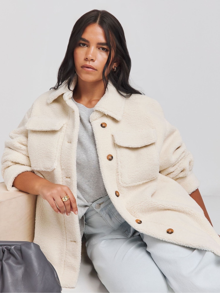 Simply Be White Oversized Teddy Shacket - Image 1 of 4