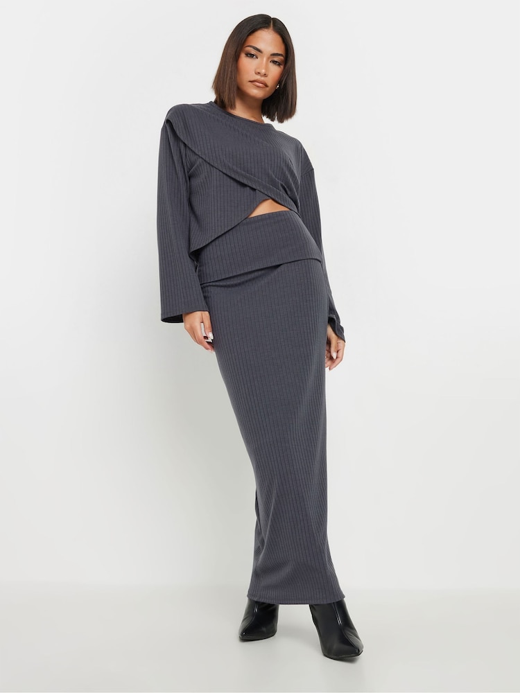 PixieGirl Petite Grey Ribbed Fold Over Skirt - Image 1 of 5