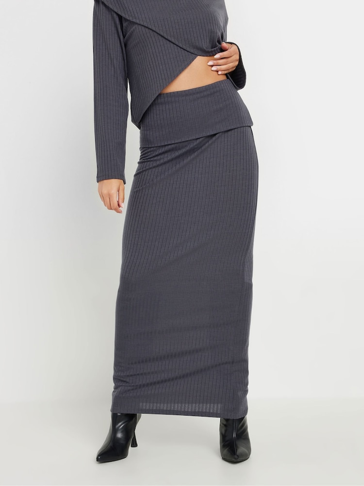 PixieGirl Petite Grey Ribbed Fold Over Skirt - Image 2 of 5