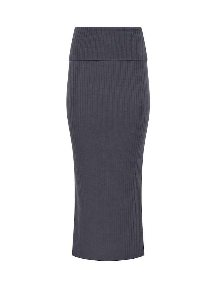 PixieGirl Petite Grey Ribbed Fold Over Skirt - Image 5 of 5