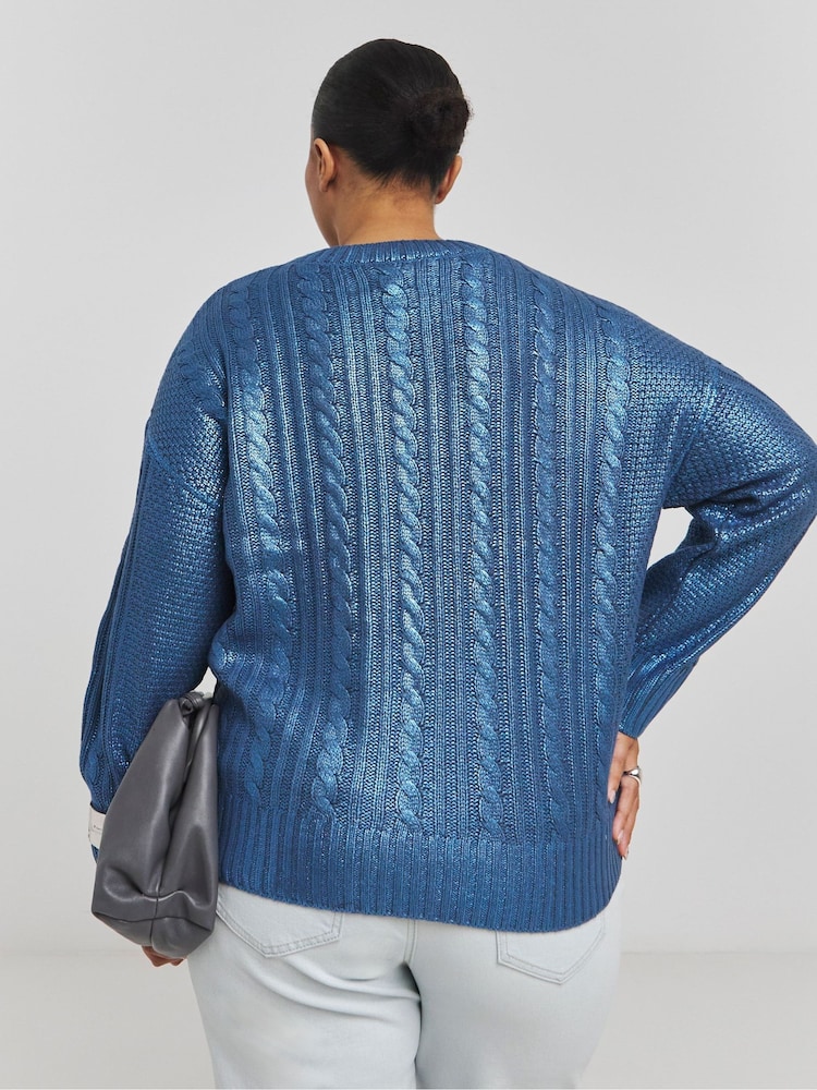 Simply Be Blue Foil Metallic Cable Jumper - Image 2 of 4 Simply Be Blue Foil Metallic Cable Jumper - Image 2 of 4
