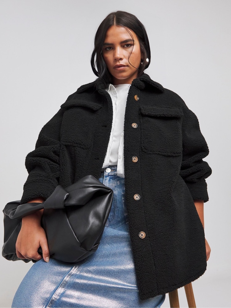 Simply Be Black Oversized Teddy Shacket - Image 1 of 4