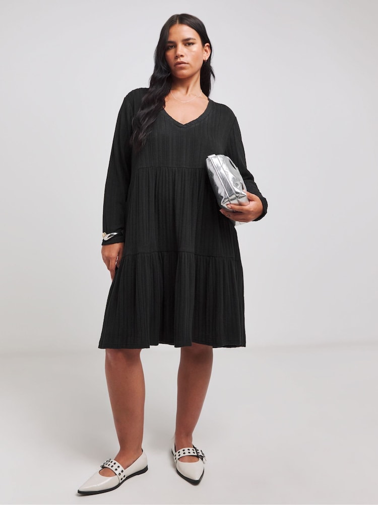 Simply Be Black Asymmetric Ribbed Smock Dress - Image 1 of 4