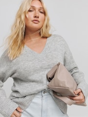 Simply Be Grey Slouchy V-Neck Longline Jumper - Image 1 of 4