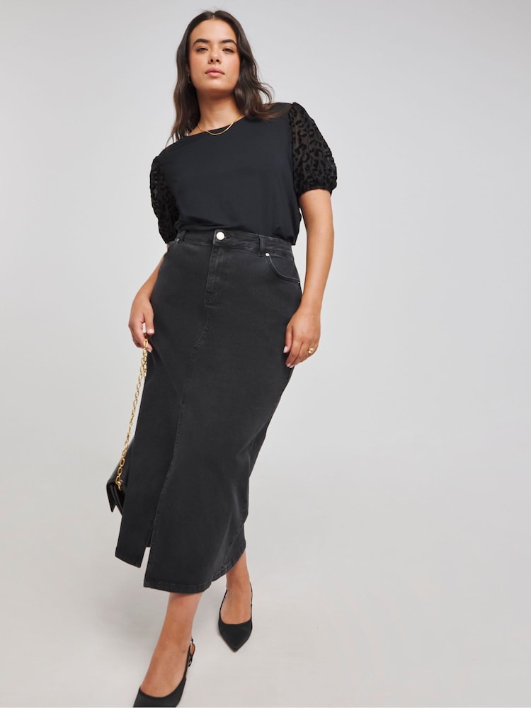Simply Be Black Leopard Print Burn Out Sleeve Top - Image 1 of 4 Simply Be Black Leopard Print Burn Out Sleeve Top - Image 1 of 4
