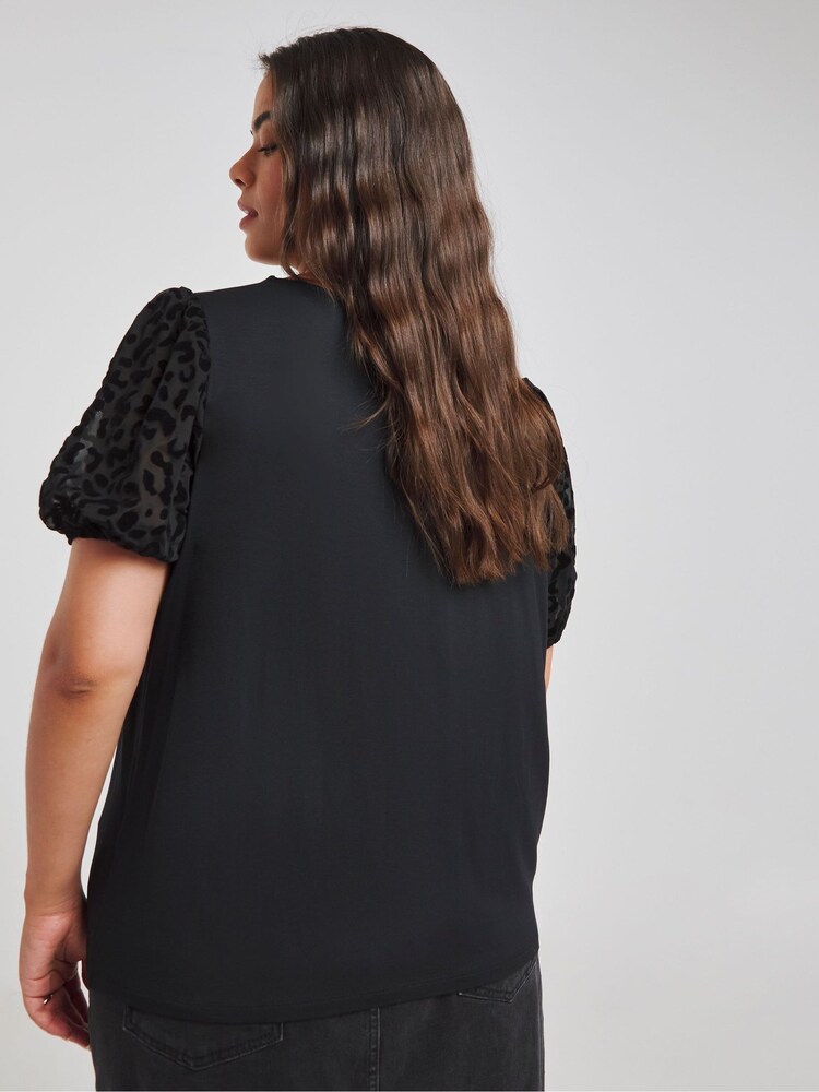 Simply Be Black Leopard Print Burn Out Sleeve Top - Image 2 of 4 Simply Be Black Leopard Print Burn Out Sleeve Top - Image 2 of 4
