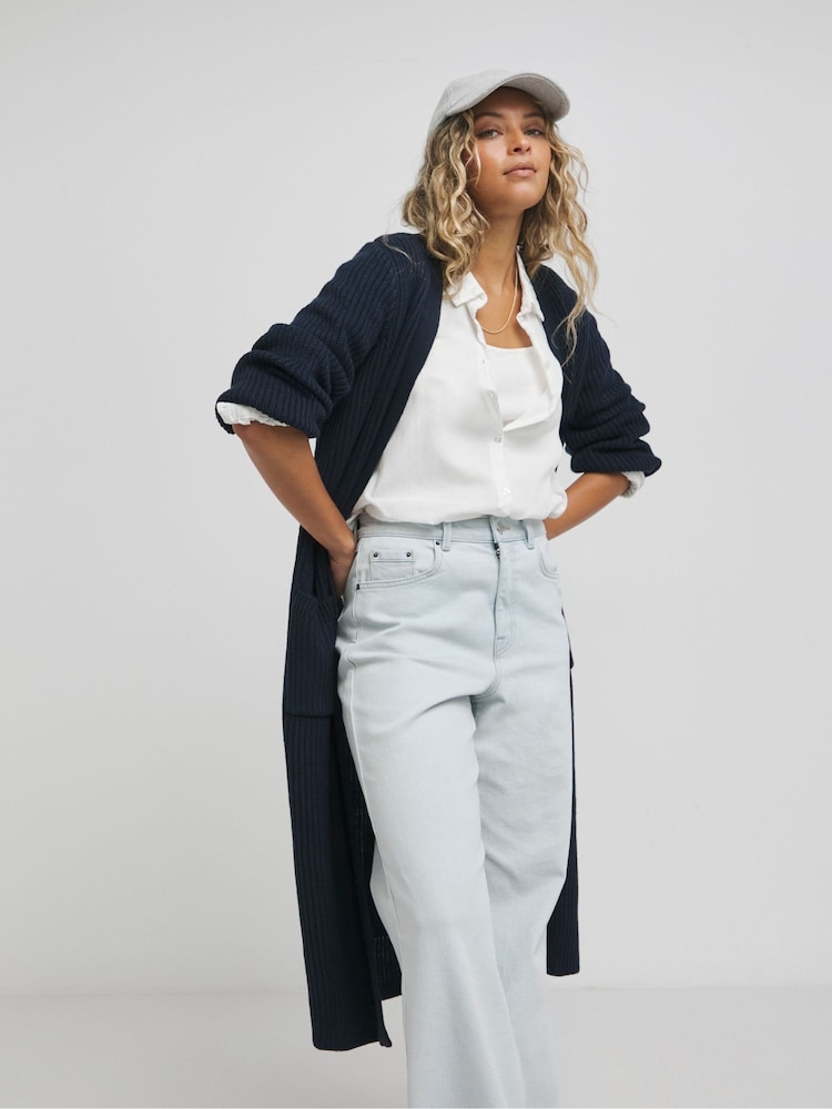 Simply Be Blue Fisherman Rib Longline Cardigan - Image 1 of 4 Simply Be Blue Fisherman Rib Longline Cardigan - Image 1 of 4