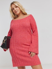 Simply Be Pink Slash Neck Rib Mini Dress - Image 1 of 4