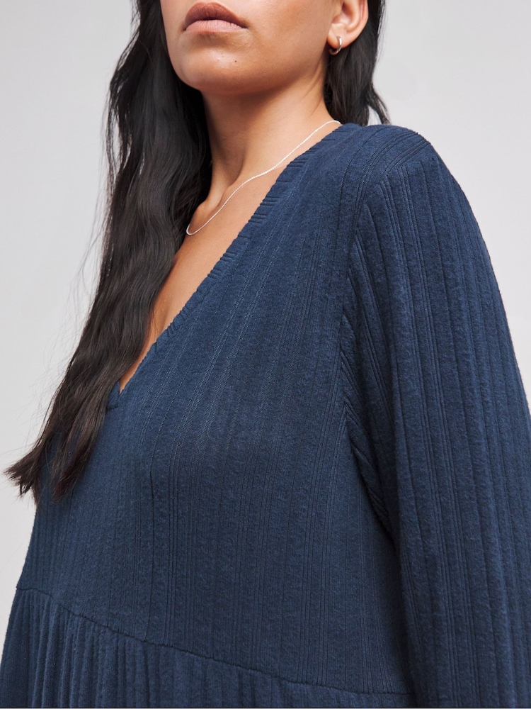Simply Be Blue Asymmetric Ribbed Smock Dress - Image 4 of 4