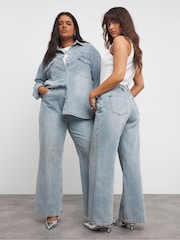 Simply Be Light Wash Blue 100% Cotton Embellished Wide Leg Jeans - Image 1 of 4