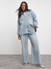 Simply Be Light Wash Blue 100% Cotton Embellished Wide Leg Jeans - Image 3 of 4