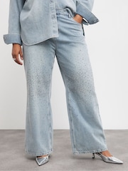 Simply Be Light Wash Blue 100% Cotton Embellished Wide Leg Jeans - Image 4 of 4