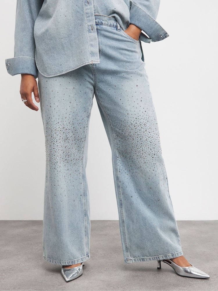 Simply Be Light Wash Blue 100% Cotton Embellished Wide Leg Jeans - Image 4 of 4