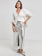 Simply Be Silver PU Maxi With Front Split Skirt - Image 1 of 4