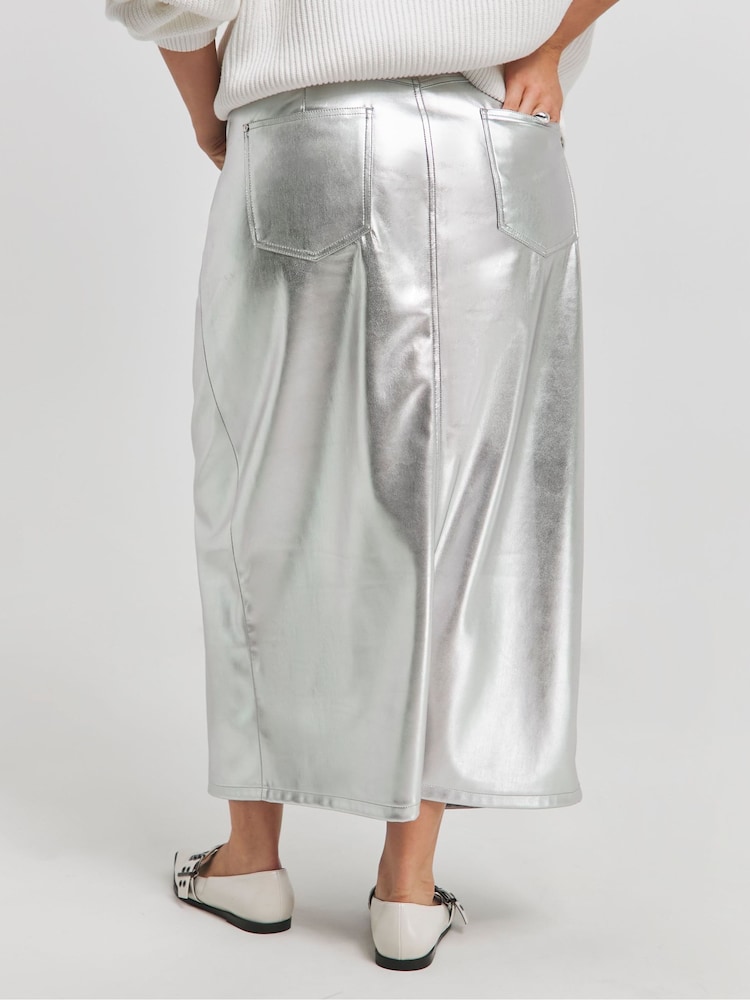 Simply Be Silver PU Maxi With Front Split Skirt - Image 2 of 4