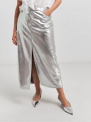 Simply Be Silver PU Maxi With Front Split Skirt - Image 3 of 4