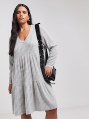 Simply Be Grey Asymmetric Ribbed Smock Dress - Image 1 of 4
