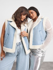 Simply Be Blue Light Wash Borg Lined Denim Gilet - Image 1 of 4