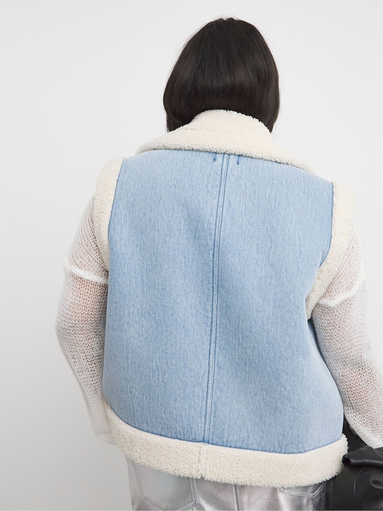 Simply Be Blue Light Wash Borg Lined Denim Gilet - Image 2 of 4