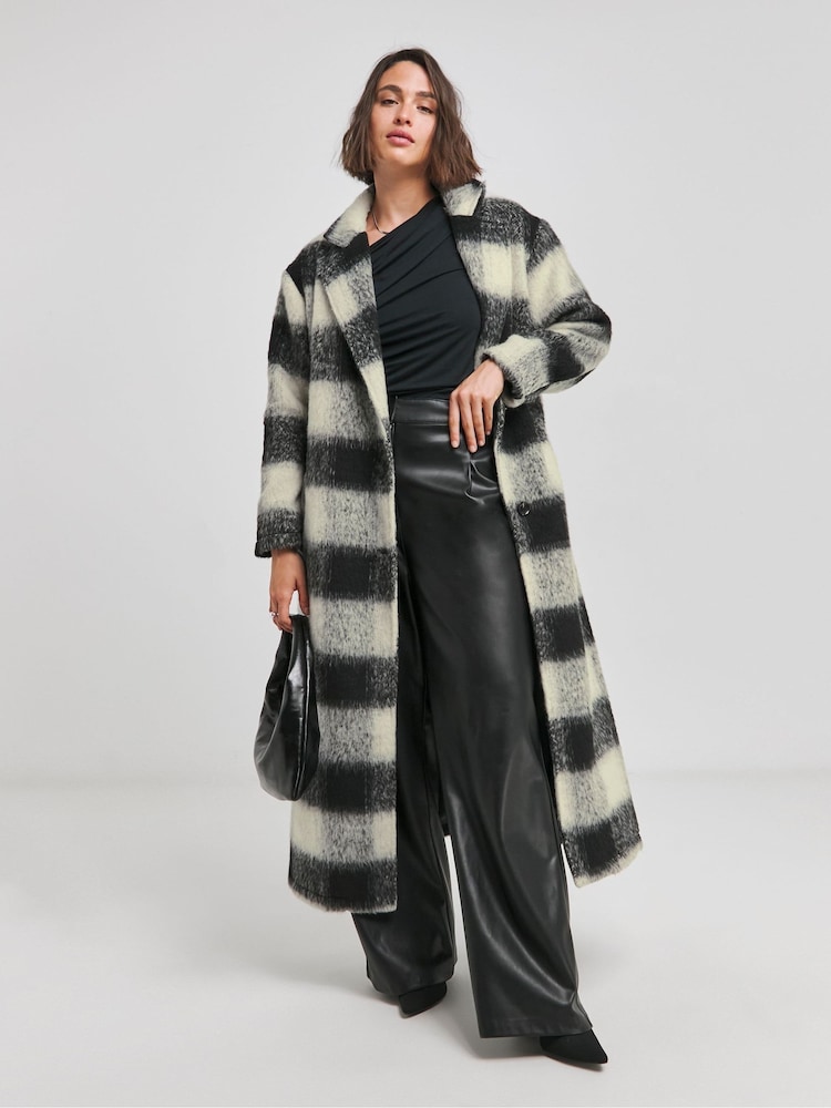 Simply Be Black Brushed Mono Check Coat - Image 1 of 4